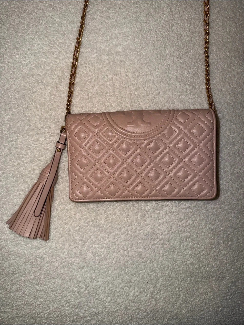 Tory Burch Quilted Crossbody in Dusty Rose with Gold Chain